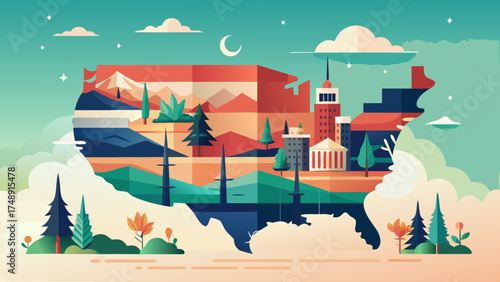 Modern Minimalist Flat Vector Map of the United States of America in Soft Pastel Colors, Clean Design on White Background, Perfect for Infographic and Educational Use, High Resolution SVG