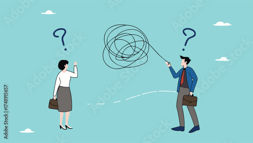 Communication problem or conflict opinion, misunderstanding or confusion, dissent or miscommunication concept, two confused work partners communicating with messy lines

