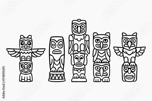 Tribal totem pole outline icon set. cultural tribal sculpture line art element design pack. Native wooden totem, Indigenous spirit pillar, Ethnic ceremonial totem, Native tattoo. Vector illustration