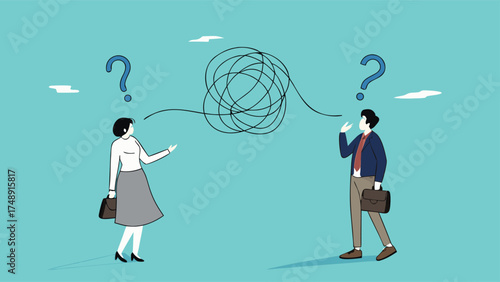 Communication problem or conflict opinion, misunderstanding or confusion, dissent or miscommunication concept, two confused work partners communicating with messy lines

