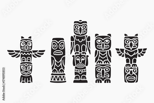 Tribal totem pillar silhouette icon set. Cultural tribal sculpture solid element design pack. Native wooden totem, Indigenous spirit pole, Ethnic ceremonial totem, Native tattoo. Vector illustration