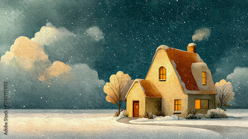 Minimalist Watercolor Holiday Card with Snowy Winter Cottage