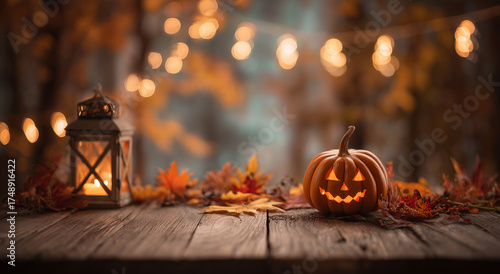Glowing halloween pumpkins with lantern on dark wooden floor and misty background.