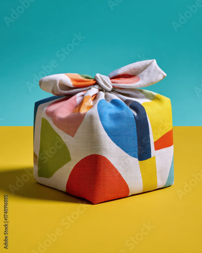 Colorful reusable fabric gift wrap tied in knot on vibrant yellow and turquoise background, showcasing eco friendly wrapping style