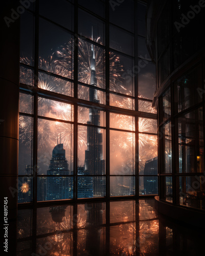 Fireworks illuminate night sky behind skyscraper viewed through large glass windows with reflective floor creating vibrant celebration scene