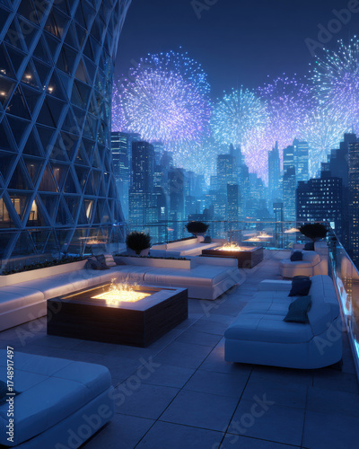 Futuristic rooftop terrace with modern fire pits and comfortable seating overlooking city skyline illuminated by vibrant fireworks at night