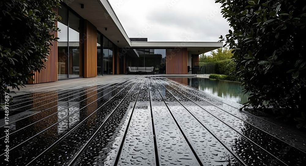 Fototapeta premium Raindrops on Modern Decking and Contemporary Home Reflecting in Still Pool