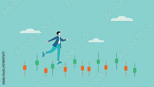 navigating stock market volatility, Financial investment volatility, identify stock market or cryptocurrency market risks, businessman investor walks carefully past investment bar chart

