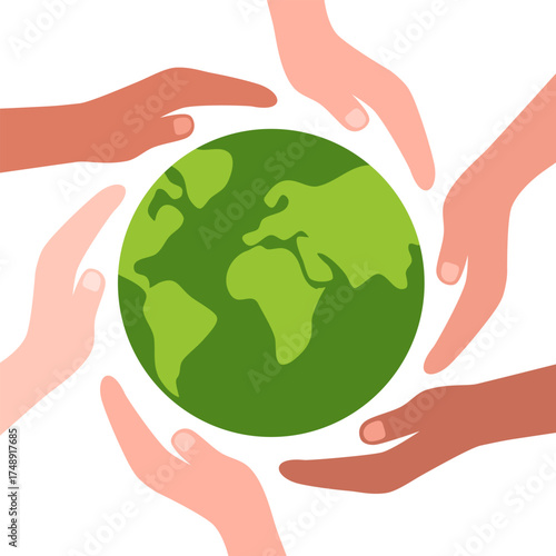 Diverse Hands Holding Earth Illustration. Save the planet.