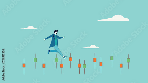 navigating stock market volatility, Financial investment volatility, identify stock market or cryptocurrency market risks, businessman investor walks carefully past investment bar chart

