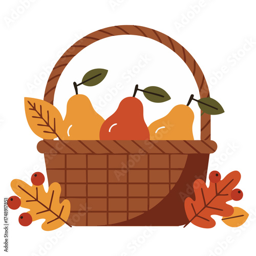 A basket holds three pears amidst autumn leaves