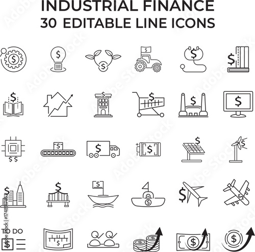 Collection of industrial finance editable line icons illustrating business, manufacturing, investment, and economy concepts for presentations, infographics, reports, and digital marketing use.