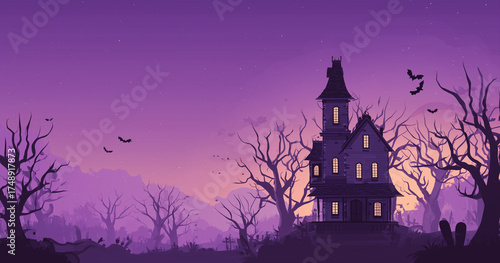 Spooky halloween haunted house with bats flying in purple night sky background illustration image design