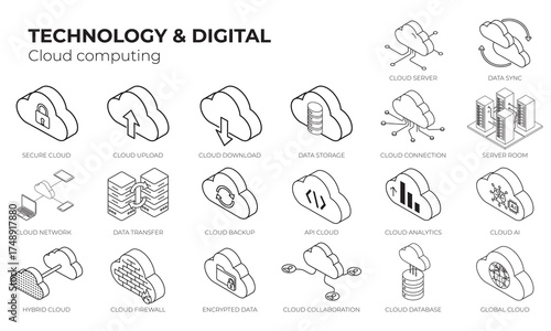 Isometric Cloud Computing Icon Set. 20 Minimal Outline Vector Symbols for Digital Technology, Network, and Data Management