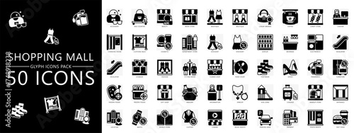 Shopping and Mall glyph icons pack. contain fashion, electronics, food court, shopping bag, food wear, fragrance, grocery, payment, jewelry and more. Vector EPS 10 for UI, UX kit, web, app development