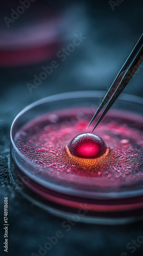 Close-up macro image of a human ovum in a petri dish with a fine needle prepared for IVF treatment, symbolizing fertility, life creation, medical innovation, and scientific precision.