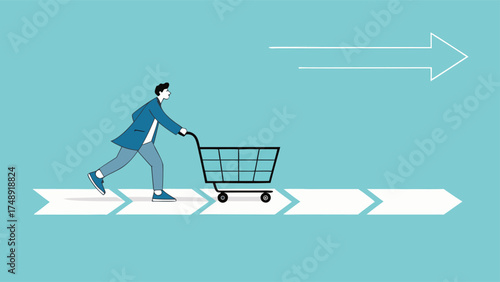 customer journey, analysis of marketing or advertising strategies, customer experience in purchasing products, man pushing shopping cart on customer journey path


