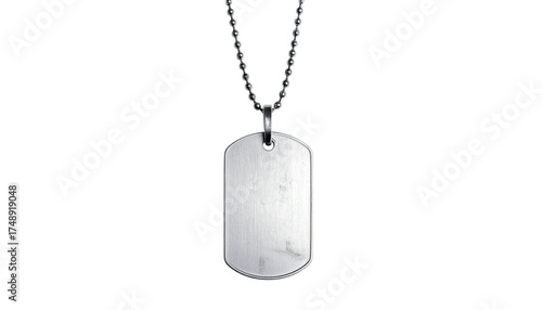 Shiny silver dog tag with a chain, displayed against a plain black background