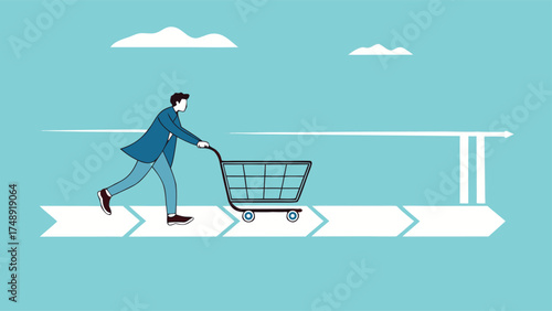 customer journey, analysis of marketing or advertising strategies, customer experience in purchasing products, man pushing shopping cart on customer journey path

