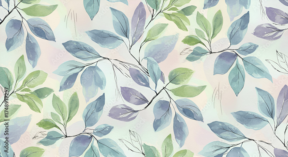 Watercolor leaves seamless pattern design, fresh botanical background illustration