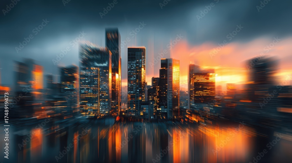Obraz premium Blurred cityscape with golden reflections under a cloudy, orange sky. Ideal for illustrating urban growth, modern finance, or technology concepts.