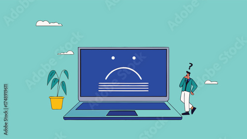 computer outage or blue screen error, common computer problem or server down, incorrect software update, operating system crash or cyber attack, confused people with computer blue screen error


