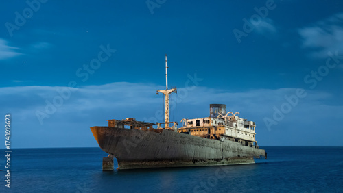 Rusty Shipwreck Resting in Calm Blue Sea at Night