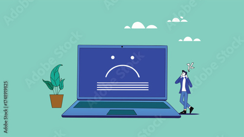 computer outage or blue screen error, common computer problem or server down, incorrect software update, operating system crash or cyber attack, confused people with computer blue screen error

