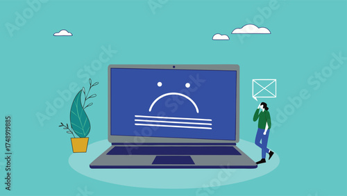 computer outage or blue screen error, common computer problem or server down, incorrect software update, operating system crash or cyber attack, confused people with computer blue screen error

