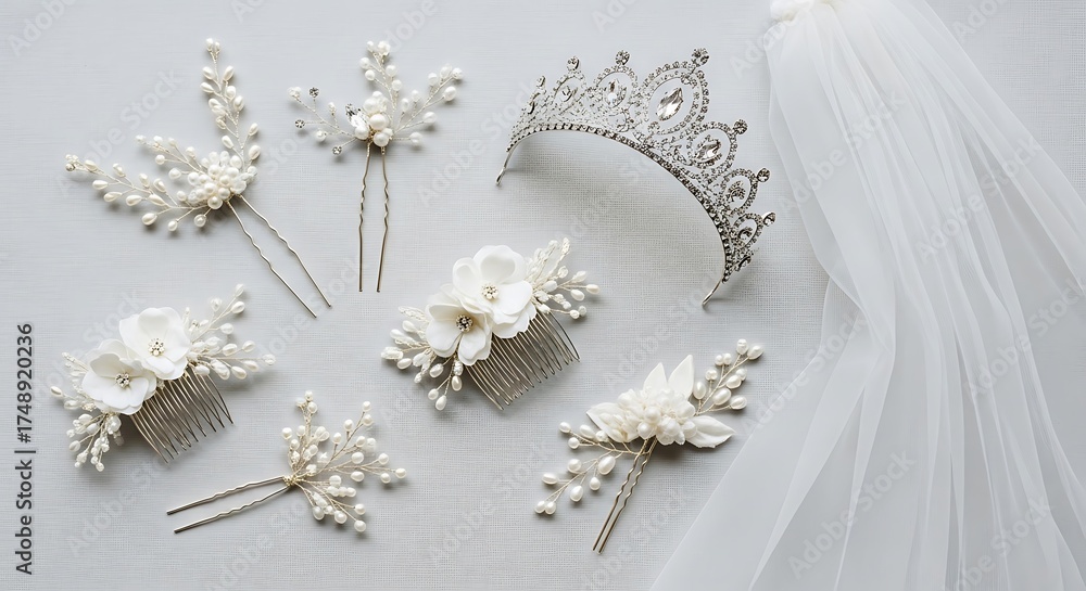 Obraz premium Elegant Wedding Accessories - Tiara and Hairpins with Pearls and Crystals.