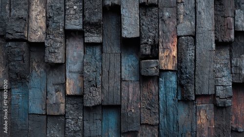 Detailed shot of textured, dark, charred wood arranged vertically. Use as a background, texture, or an abstract design element.