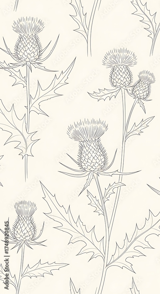 Fototapeta premium Subtle Thistle Line Art Pattern, Elegant Floral Background Decorative Design