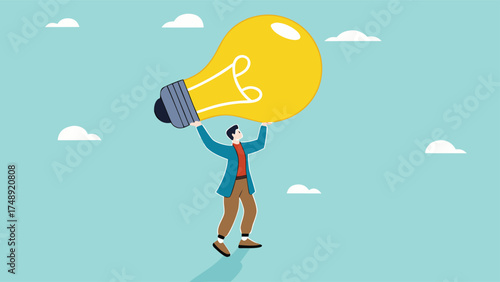 businessman bring big light bulb idea for new product idea or business opportunity, finding new idea, creativity or innovation to create new product, solution to solve problem or fix mistake concept


