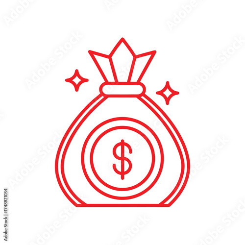 Red Outline of a Money Bag with Dollar Sign and Sparkles on White Background bright business
