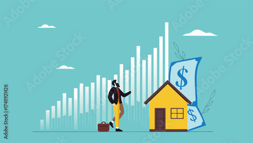 house investment, real estate price growth or mortgage calculation chart, buy or rent house decision, Housing price rising up, smart businessman property expertise presenting house pricing graph

