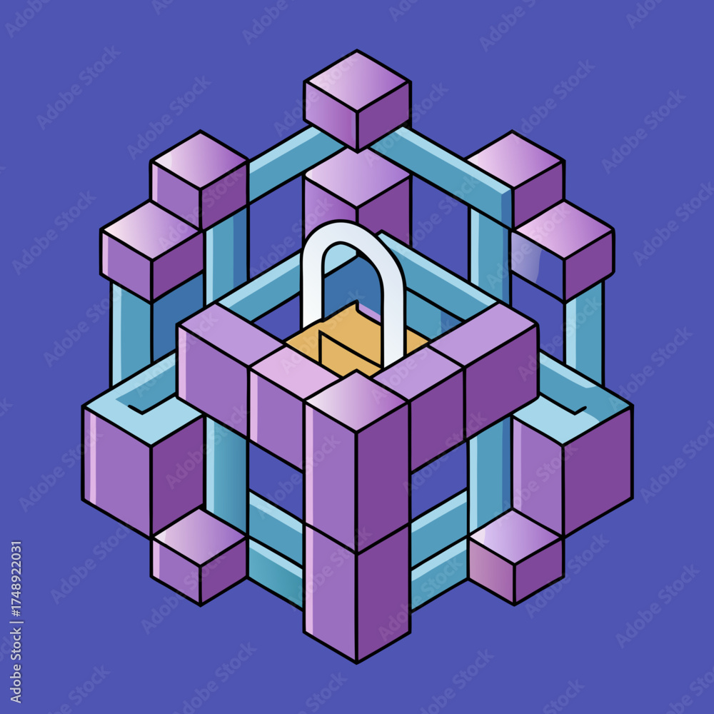 Fototapeta premium Geometric shapes forming a digital fortress with padlock symbols