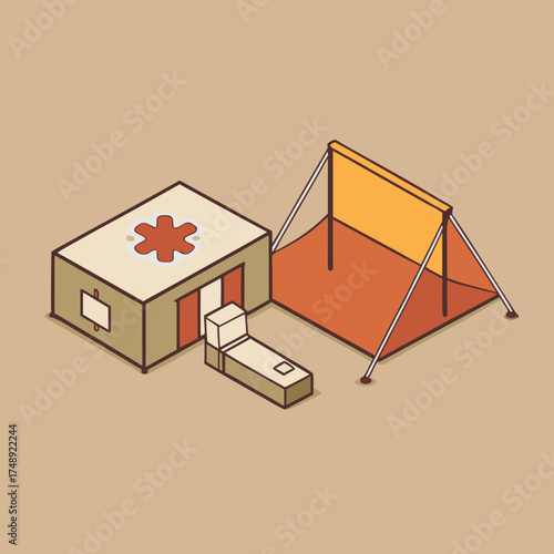 Isometric medical tent and stretcher in an aid camp scene
