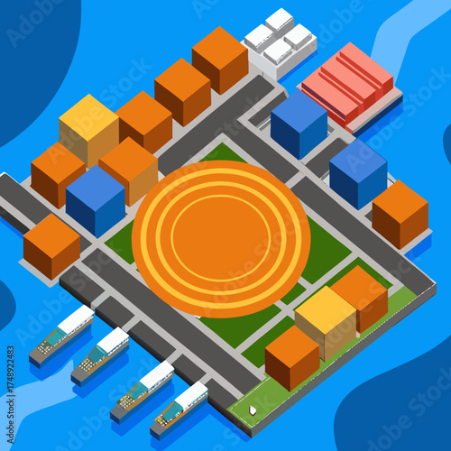 Overhead view of a stylized port with shipping activity