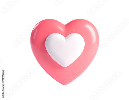 A glossy, pink heart with a white heart nested within, set against black