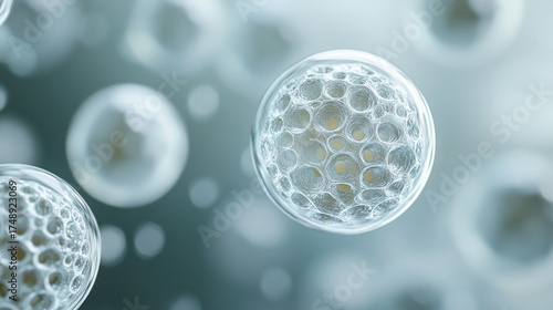 Close-up of white, gold, silver exosome particles in transparent spheres, symbolizing biotechnology, cosmetology, and trichology with a modern minimalist bright design.
