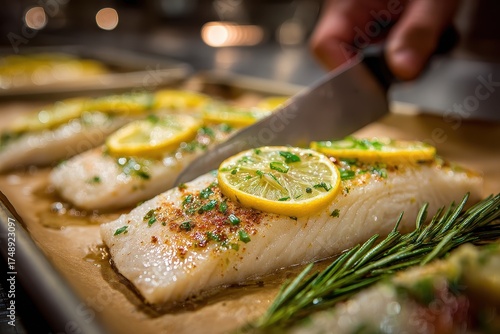 Person cutting baked fish fillet with lemon garnish