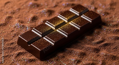 Gourmet dark chocolate bar resting on cocoa powder with sparkling dust