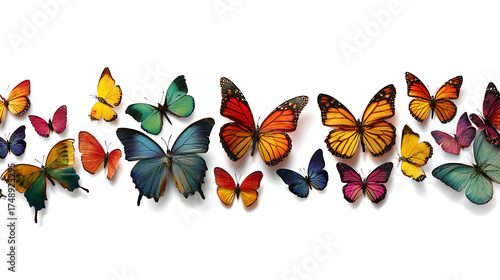 Vibrant butterflies line up along a white background, showing varied colors and wing patterns now