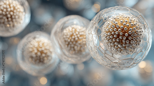 Close-up of white, gold, silver exosome particles in transparent spheres, symbolizing biotechnology, cosmetology, and trichology with a modern minimalist bright design.
