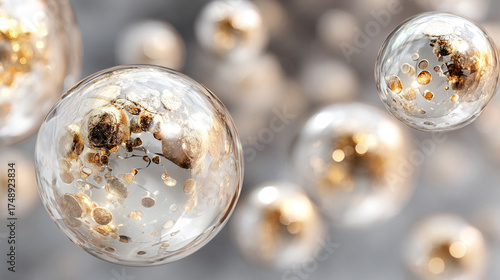 Close-up of white, gold, silver exosome particles in transparent spheres, symbolizing biotechnology, cosmetology, and trichology with a modern minimalist bright design.
