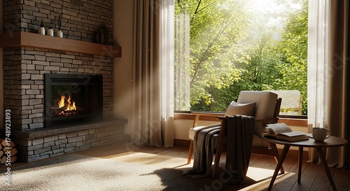 Inviting interior with fireplace, sunlight and reading nook ambiance