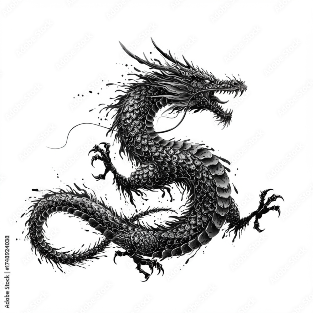 Obraz premium Black Asian Dragon Vector – Powerful Mythical Creature Illustration with Detailed Scales