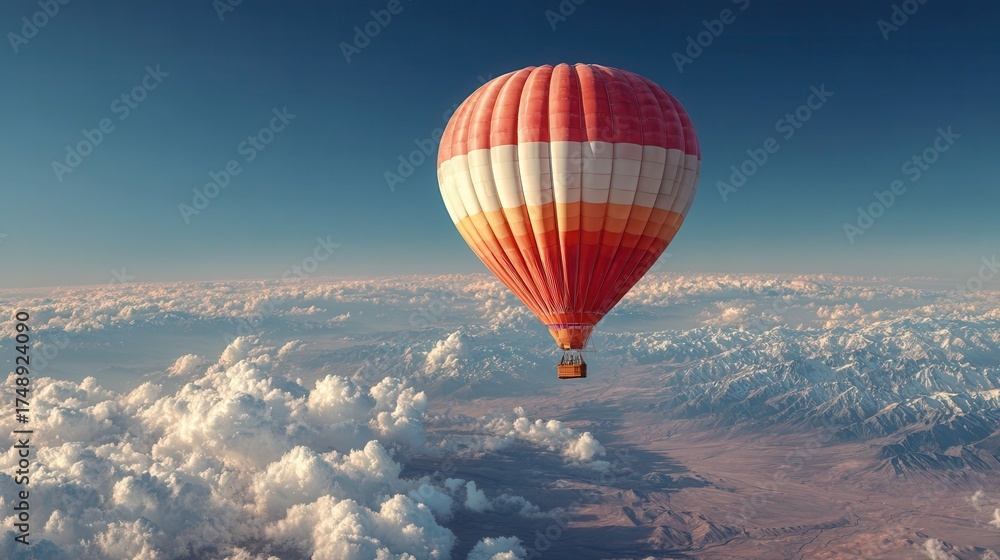 Obraz premium A vibrant hot air balloon floats above clouds and mountains under blue sky. Showcase adventure, travel, freedom, and inspiration in travel-related projects.