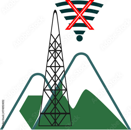 No Network in Mountainous Areas: A tower transmitting a signal with a red cross, indicating a lost connection.