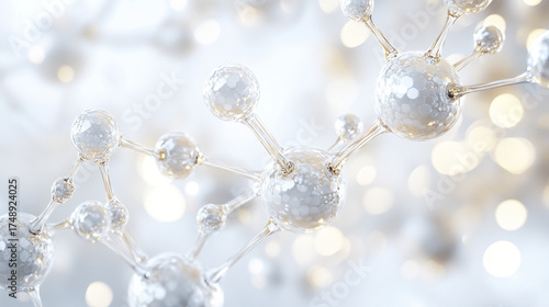 Close-up of white, gold, silver exosome particles in transparent spheres, symbolizing biotechnology, cosmetology, and trichology with a modern minimalist bright design.
